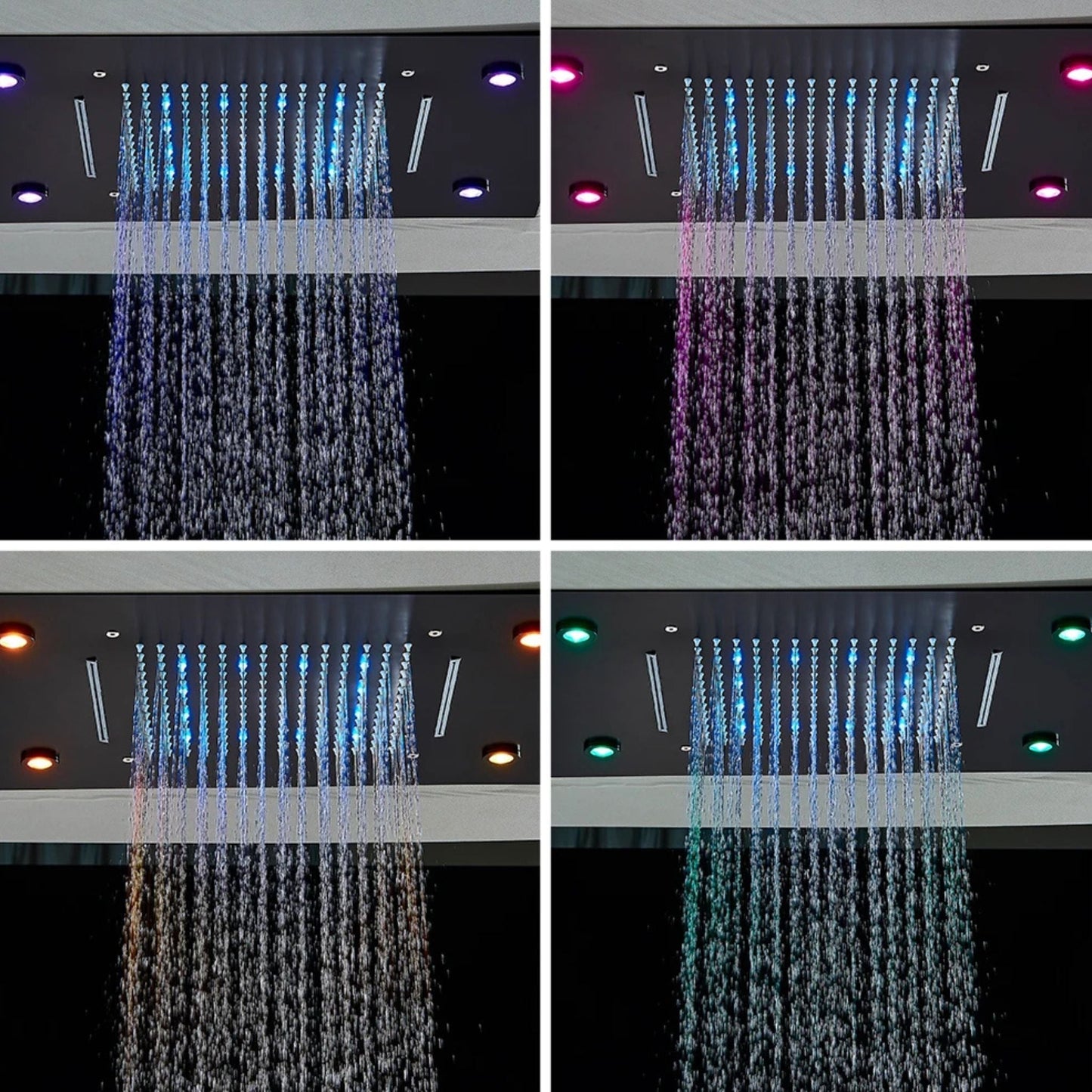 Vue de dessous d'une tête de douche LED encastrée avec jets pluie