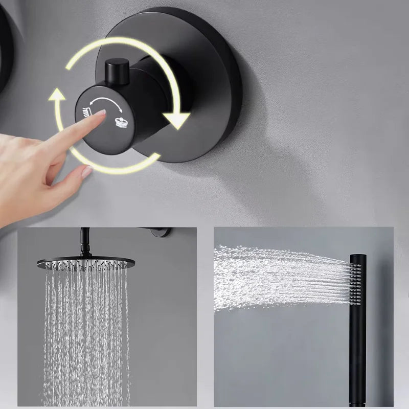 Détail de la douche encastrée avec large pommeau noir
