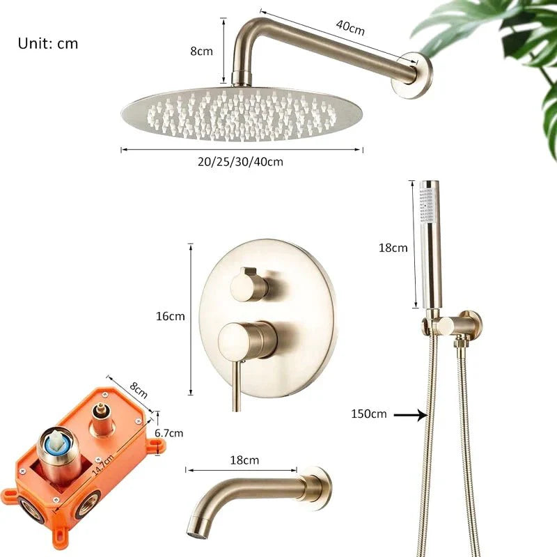 Vue latérale de la colonne de douche encastrée, or brossé