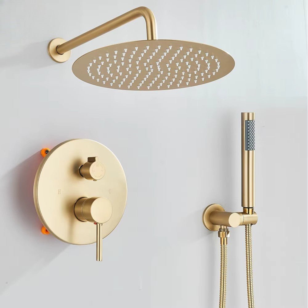 Colonne de douche or brossé avec pomme pluie large et douchette