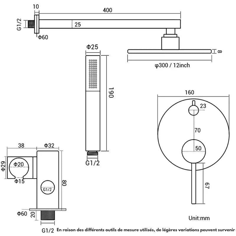 Installation encastrée de la colonne de douche avec jets multiples