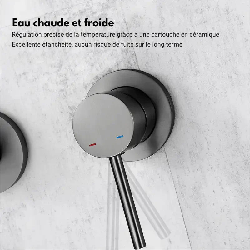 Gros plan sur le mitigeur mécanique d'une colonne de douche encastrée