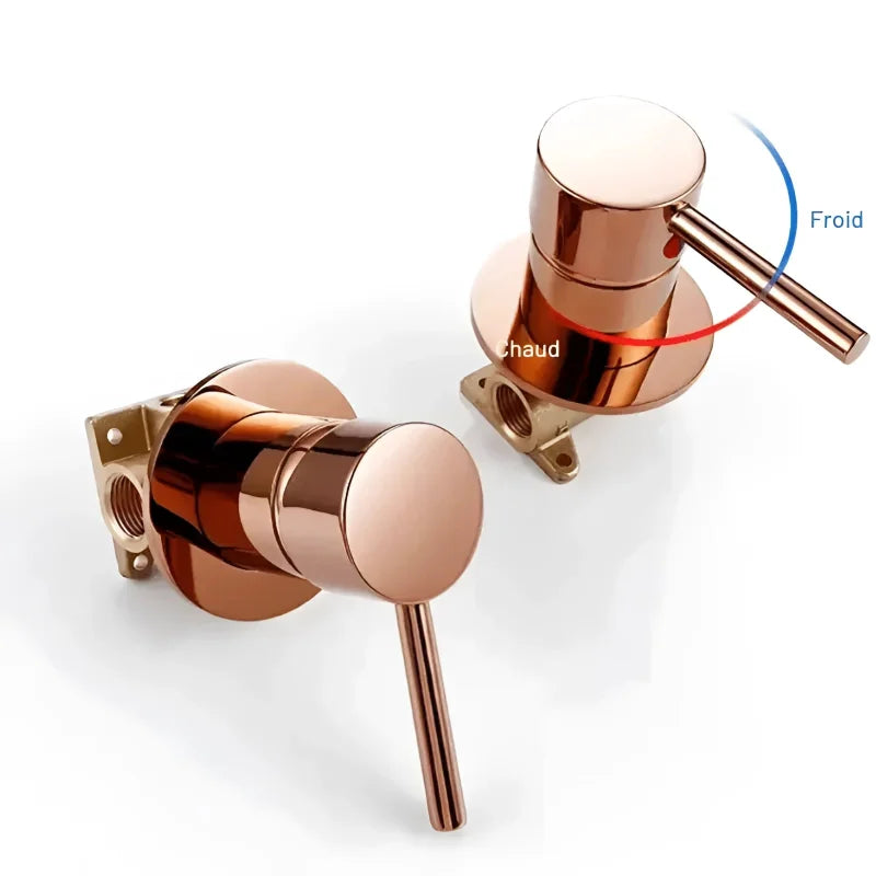 Colonne de douche or rose avec pommeau et mitigeur visibles