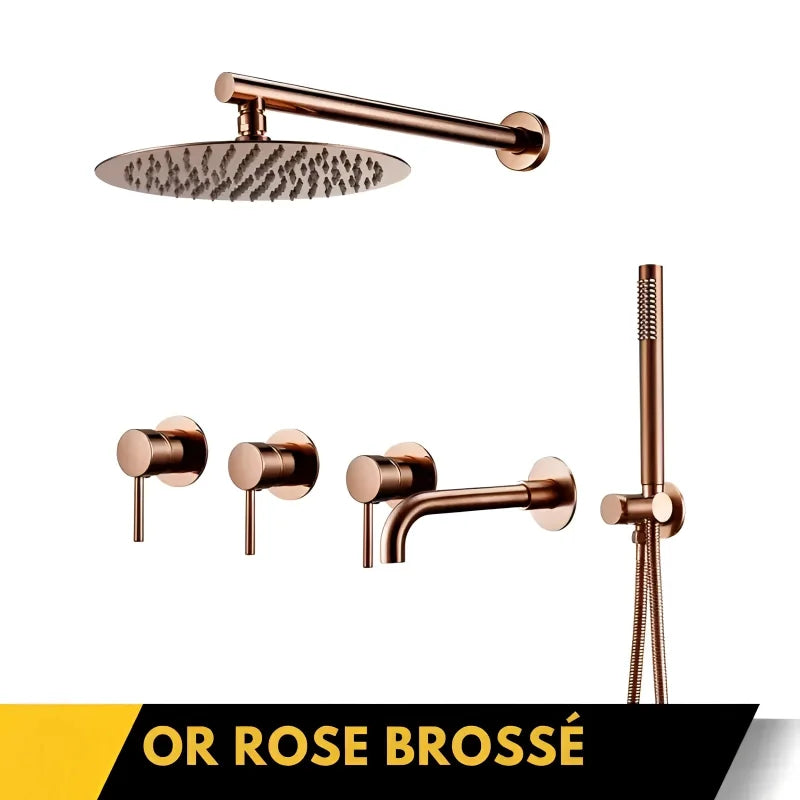 Vue de profil de la colonne de douche or rose installée