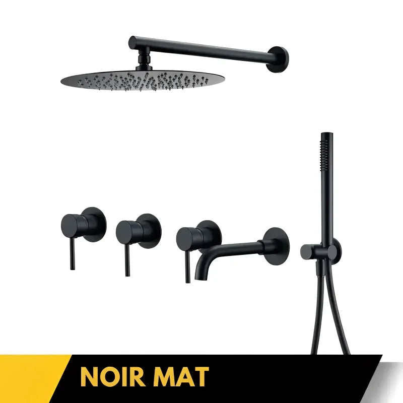 Vue complète de la colonne de douche en or rose dans une salle de bain