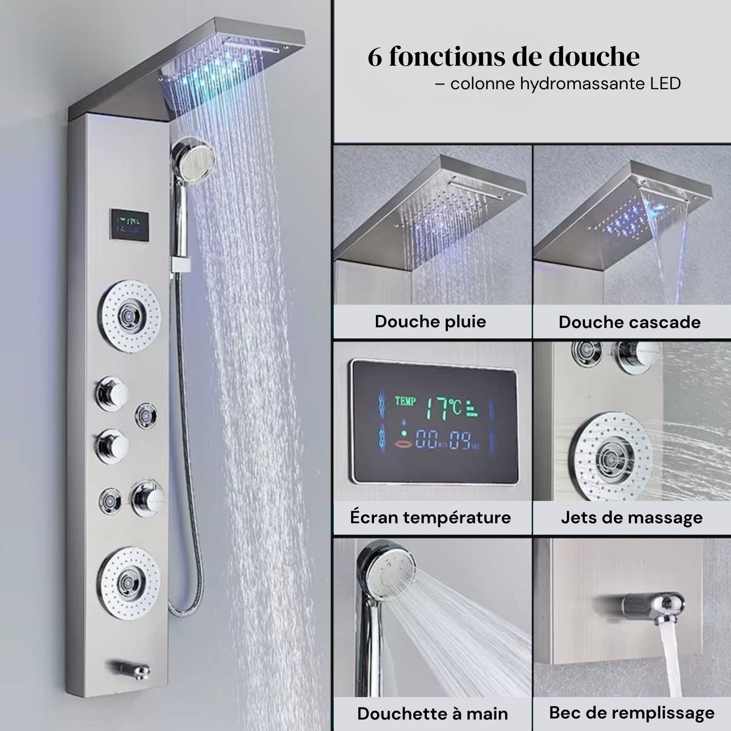 Colonne de douche avec jets massants et affichage LED intégré