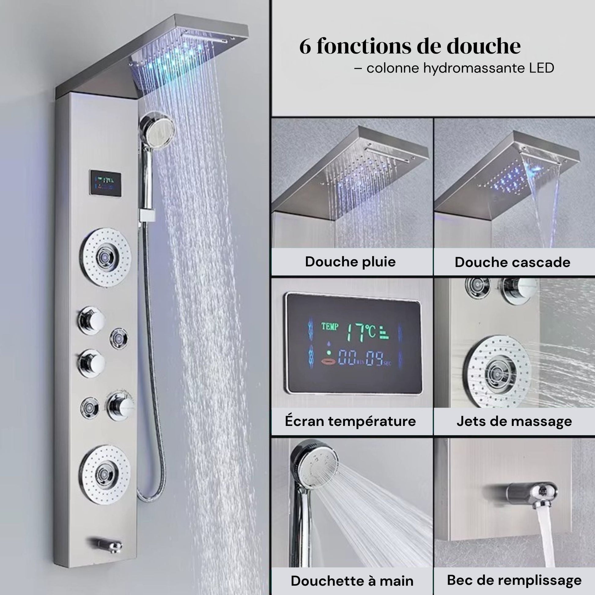 Colonne de douche avec jets massants et affichage LED intégré