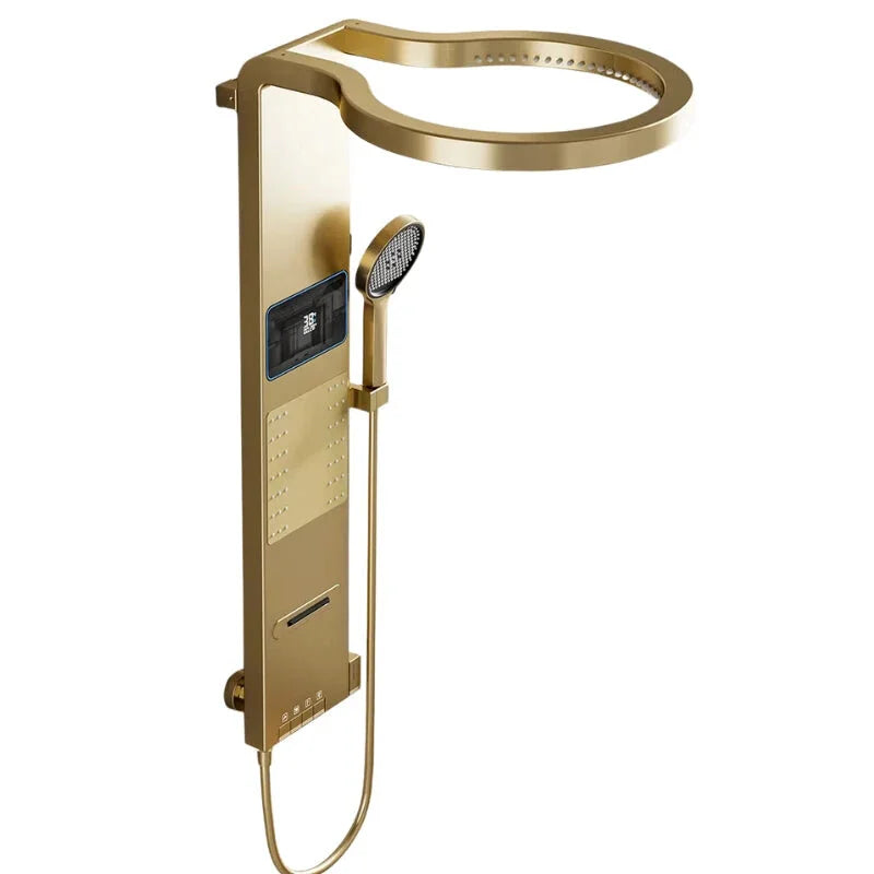 Colonne de douche dorée avec jets hydromassants visibles