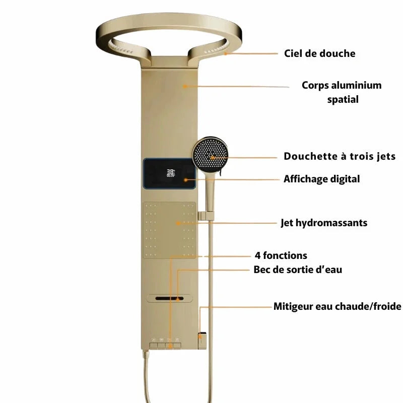Vue de côté de la colonne de douche avec robinets intégrés