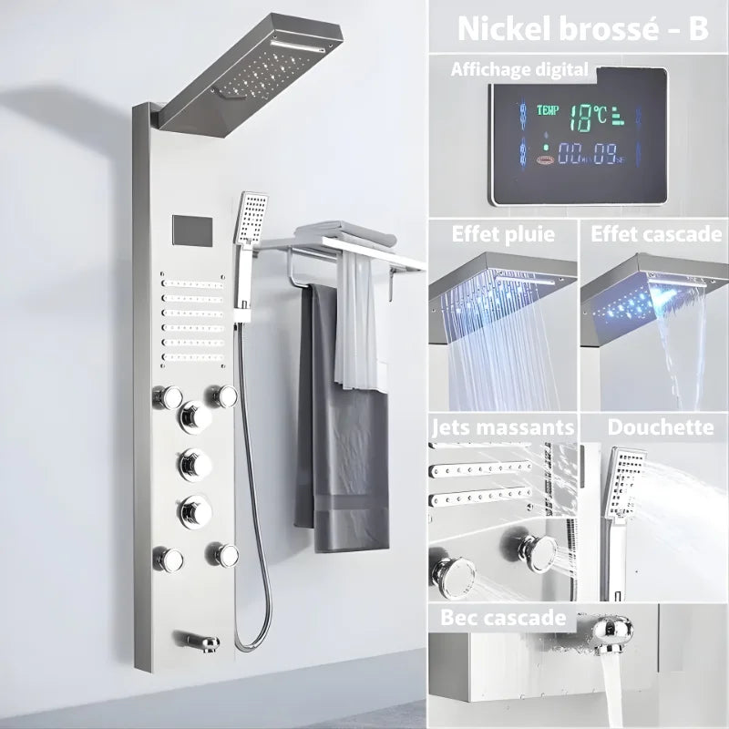 Modèle de colonne de douche en nickel brossé avec commandes simples