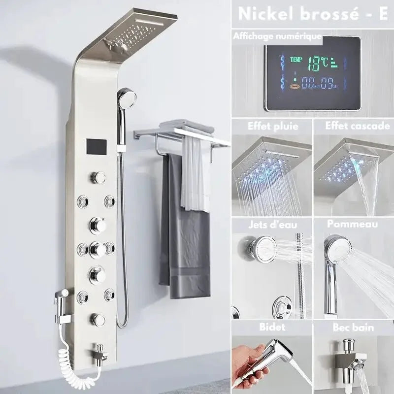 Vue détaillée de la colonne de douche en nickel brossé