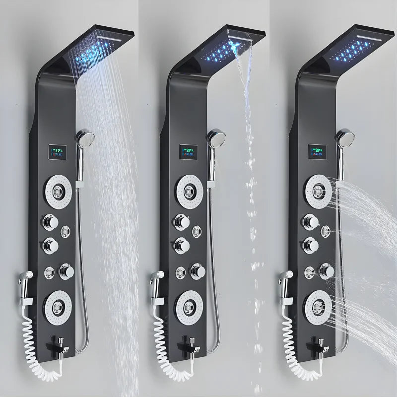 Colonne de douche noire avec jets hydromassants intégrés
