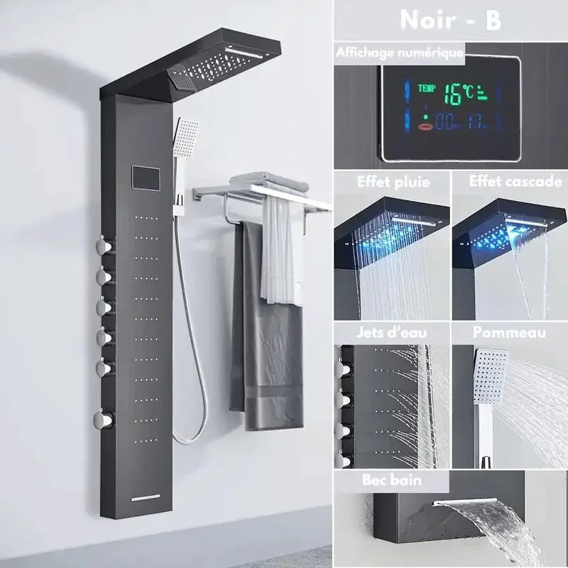 Colonne de douche noire avec jets multiples pour le dos