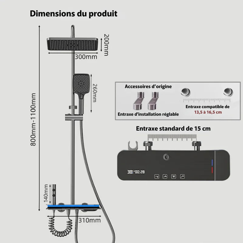 Détail des finitions métalliques de la colonne de douche