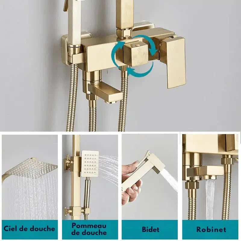 Gros plan sur le pommeau de douche avec buses anti-calcaire