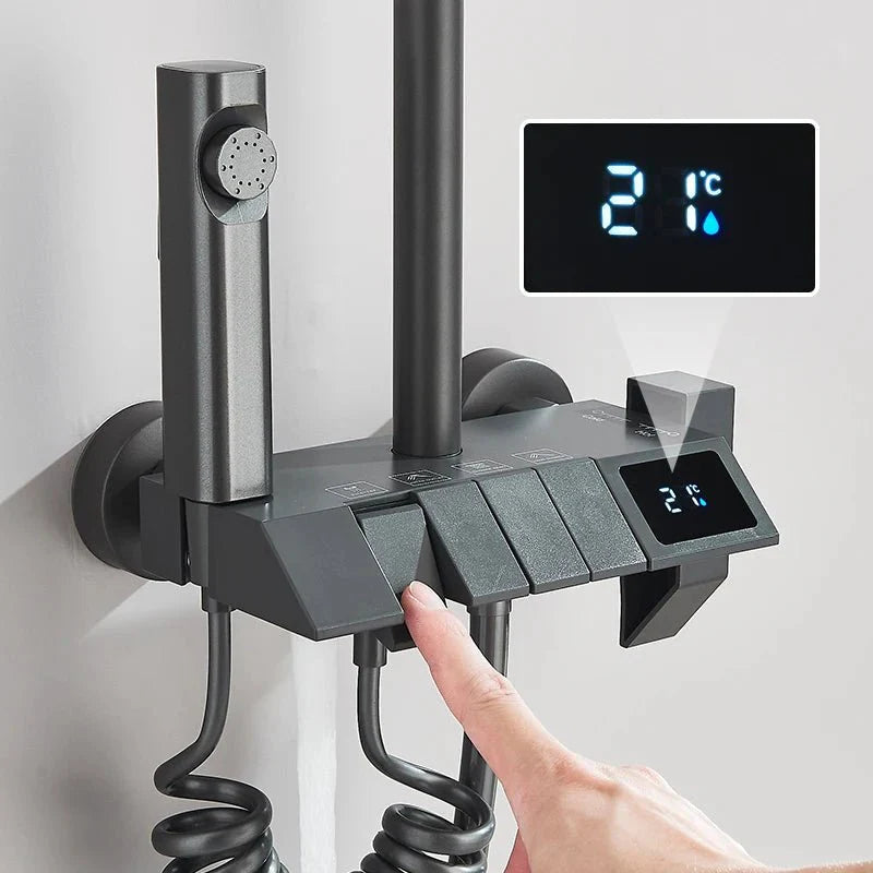 Vue rapprochée du mitigeur mécanique et douchette ergonomique