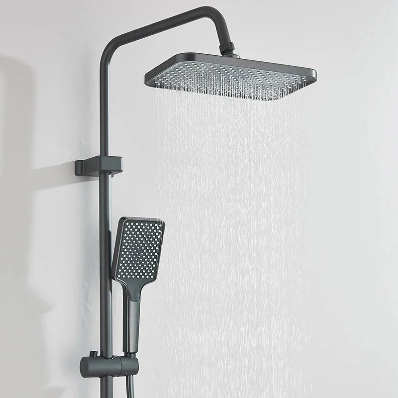 Colonne de douche noire avec tablette intégrée et pommeau moderne