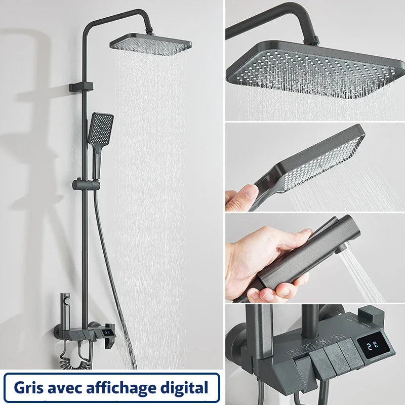 Détail des commandes de température sur la colonne de douche noire