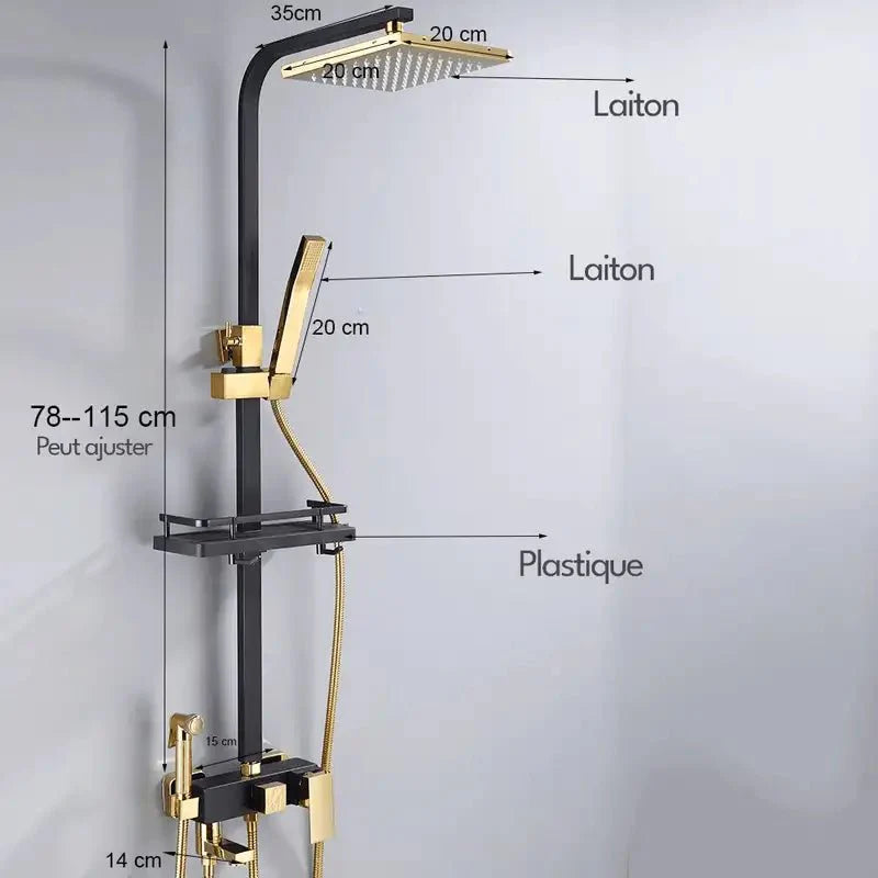 Zoom sur les commandes de la colonne de douche noir et or