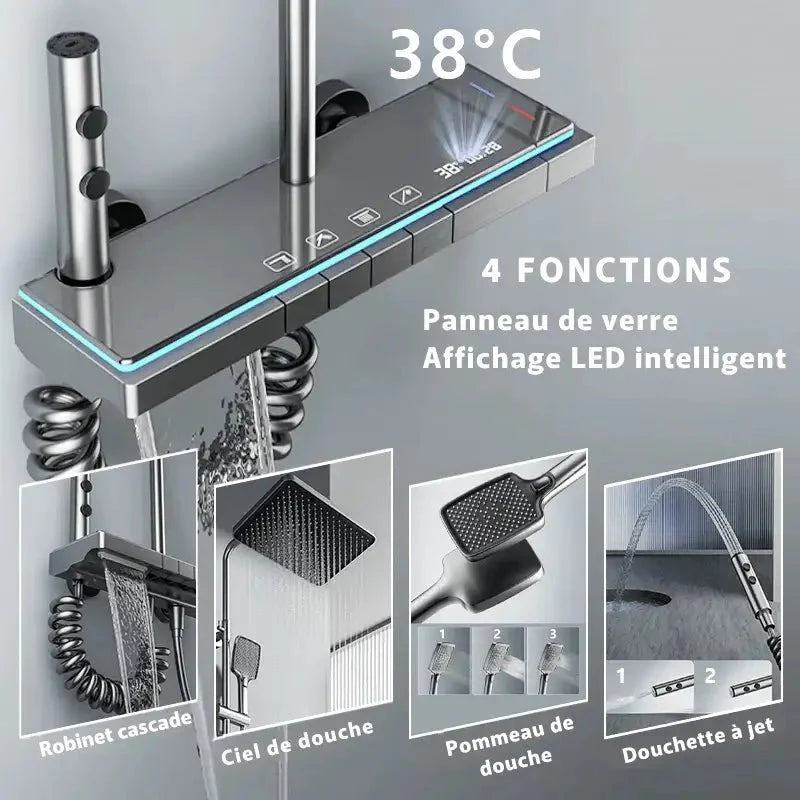 Colonne de douche chromée avec mitigeur thermostatique intégré