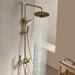 Vue de face d'une colonne de douche en or brossé avec robinet thermostatique