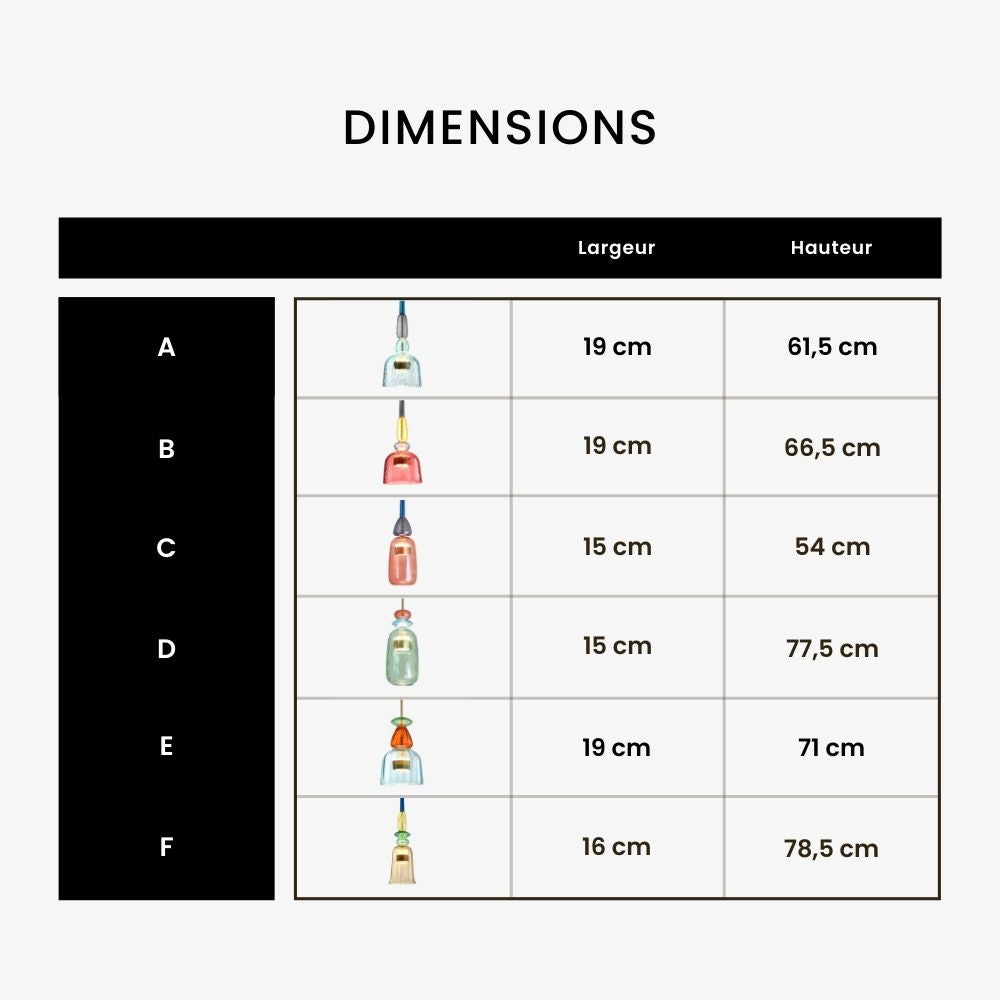 Tableau des dimensions des lampes suspendues en verre
