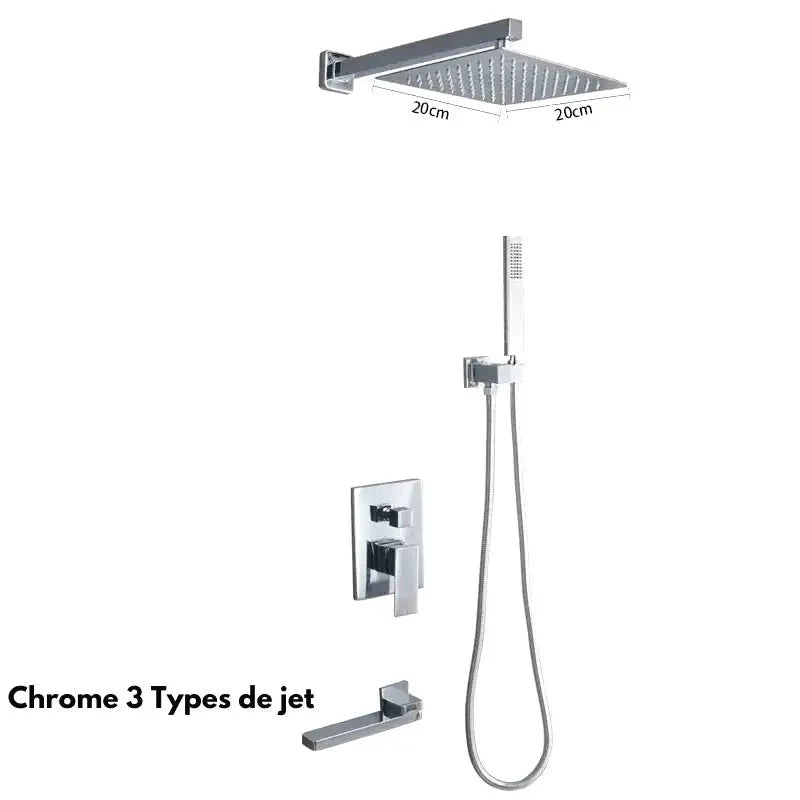 Vue d'ensemble d'une douche encastrée dorée