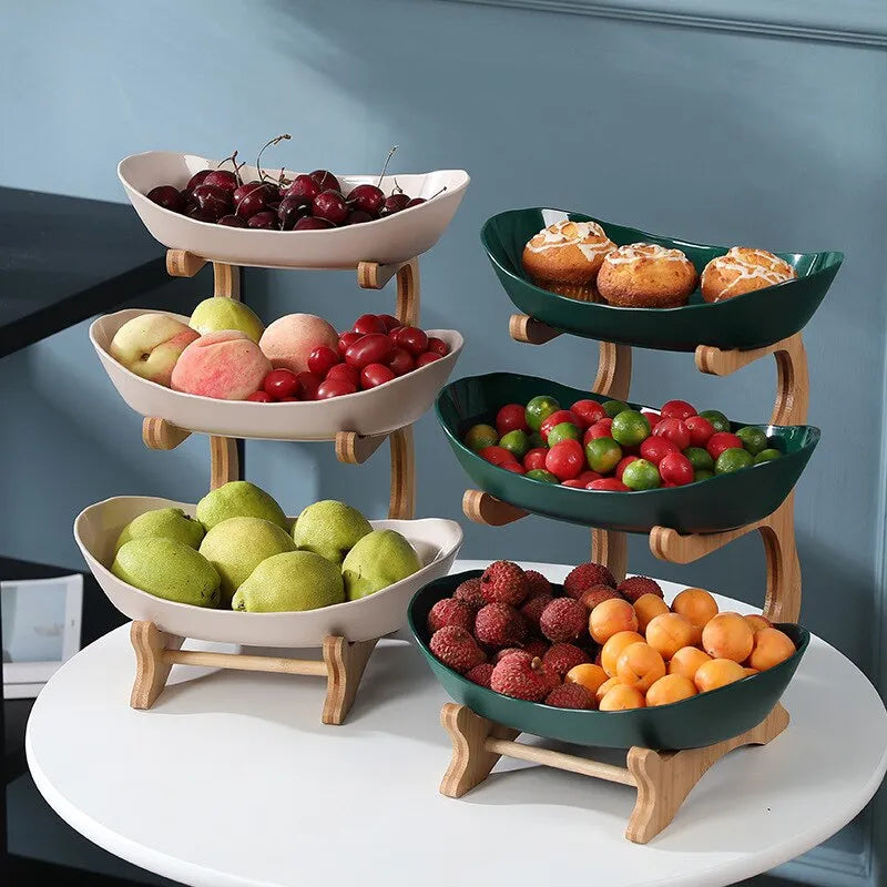 Coupe à fruits à trois niveaux en bois et céramique, vue latérale
