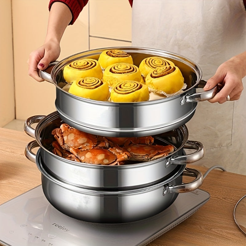 Cuiseur vapeur à trois niveaux, acier inoxydable, vue frontale
