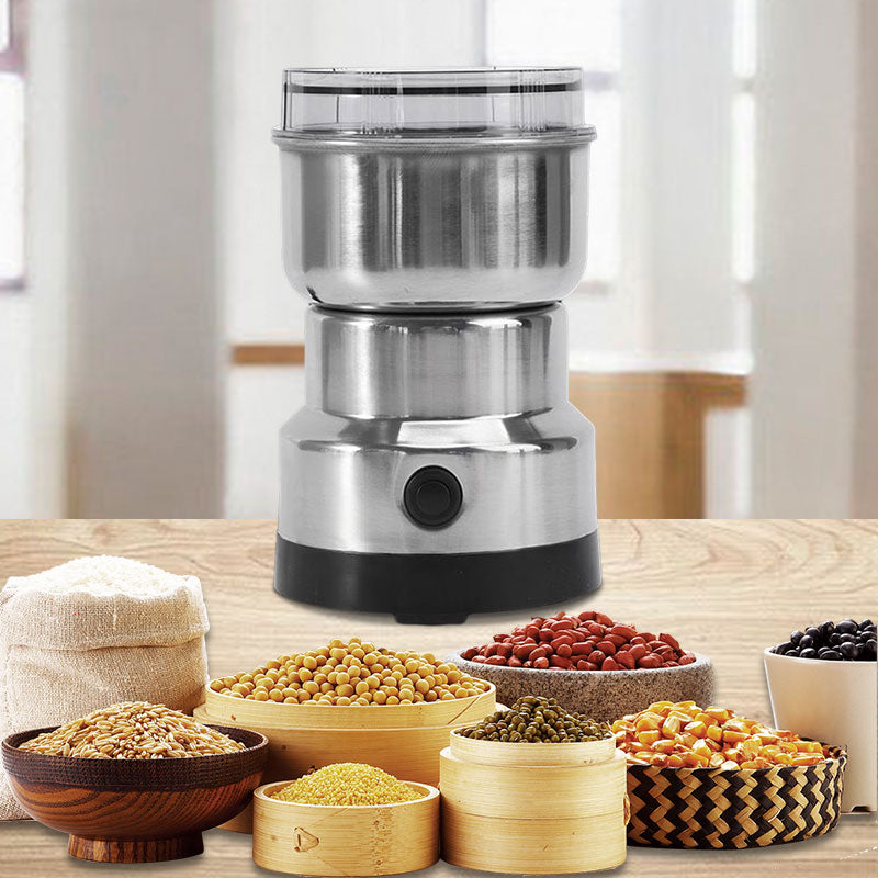Moulin électrique en acier inoxydable avec grains visibles