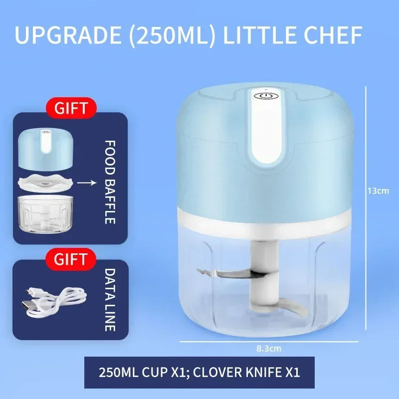 Robot de cuisine bleu, vue de face, bol de 250 ml