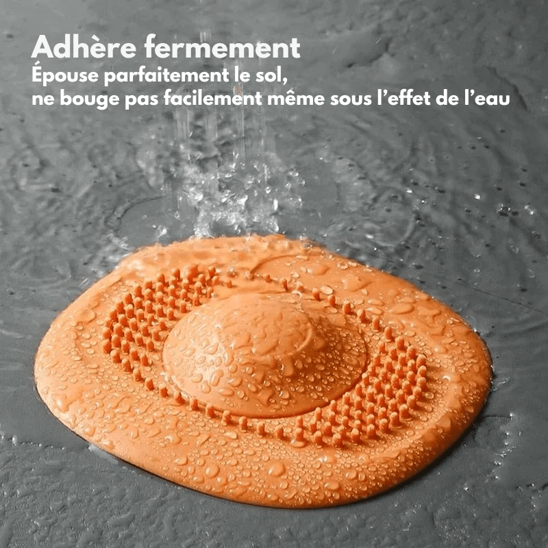 Filtre à cheveux installé dans une baignoire, vue de dessus