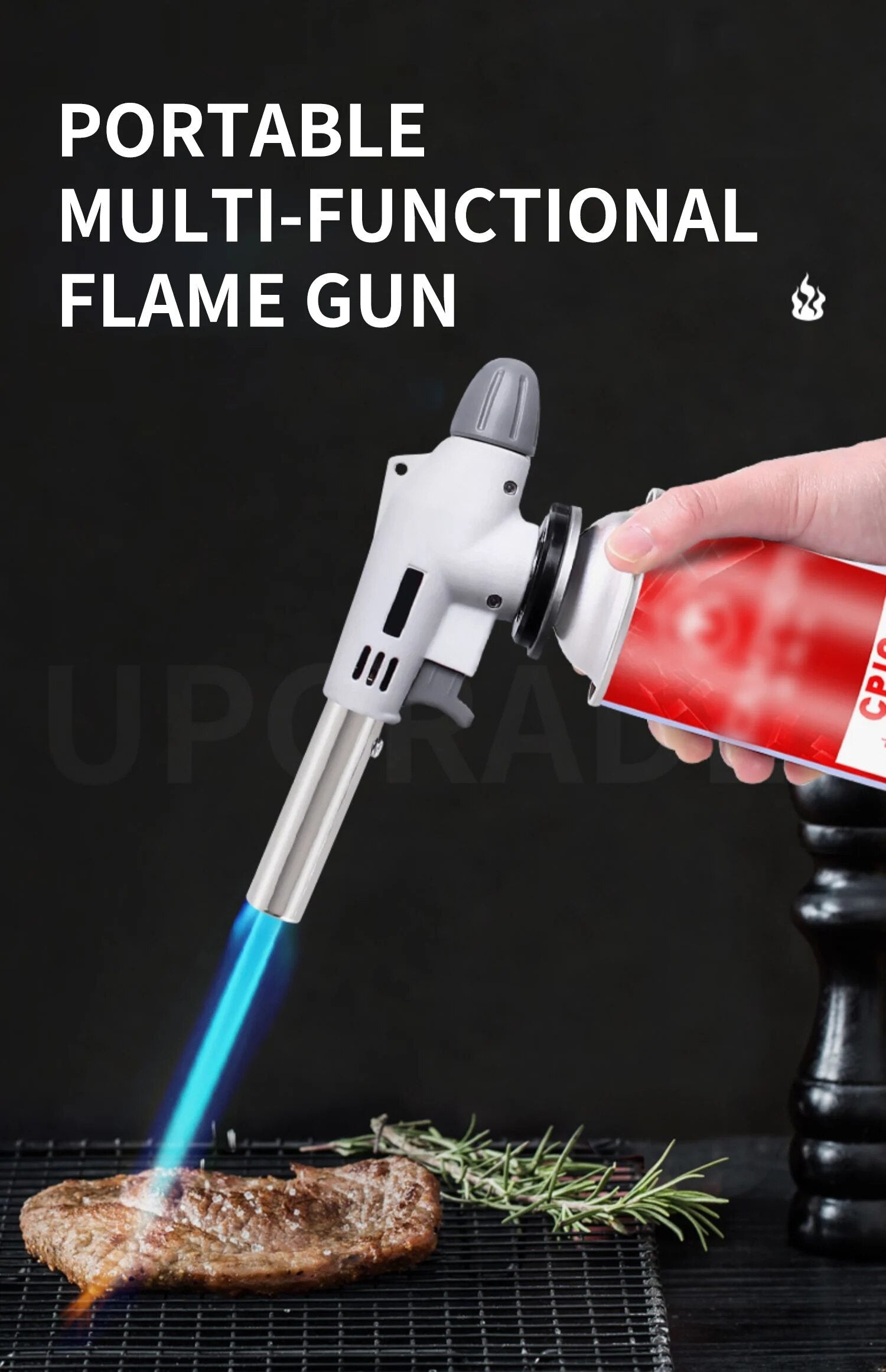 Réchaud à gaz butane avec flamme allumée, vue de face