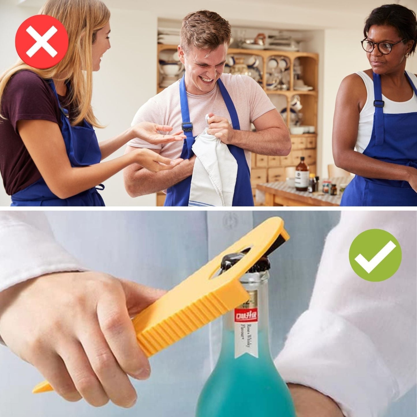 Ouvre-bouteille jaune avec détails de la poignée antidérapante