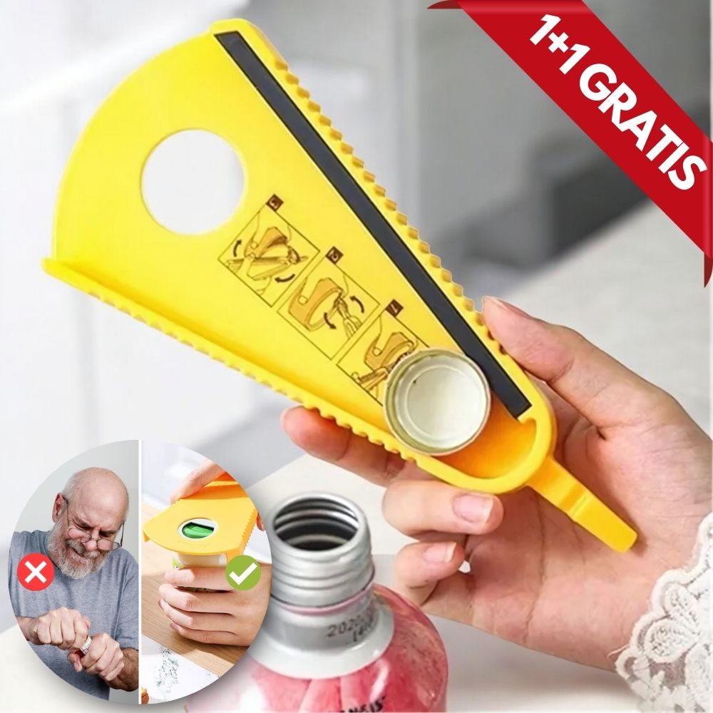 Ouvre-bouteille jaune avec poignée antidérapante vue de face