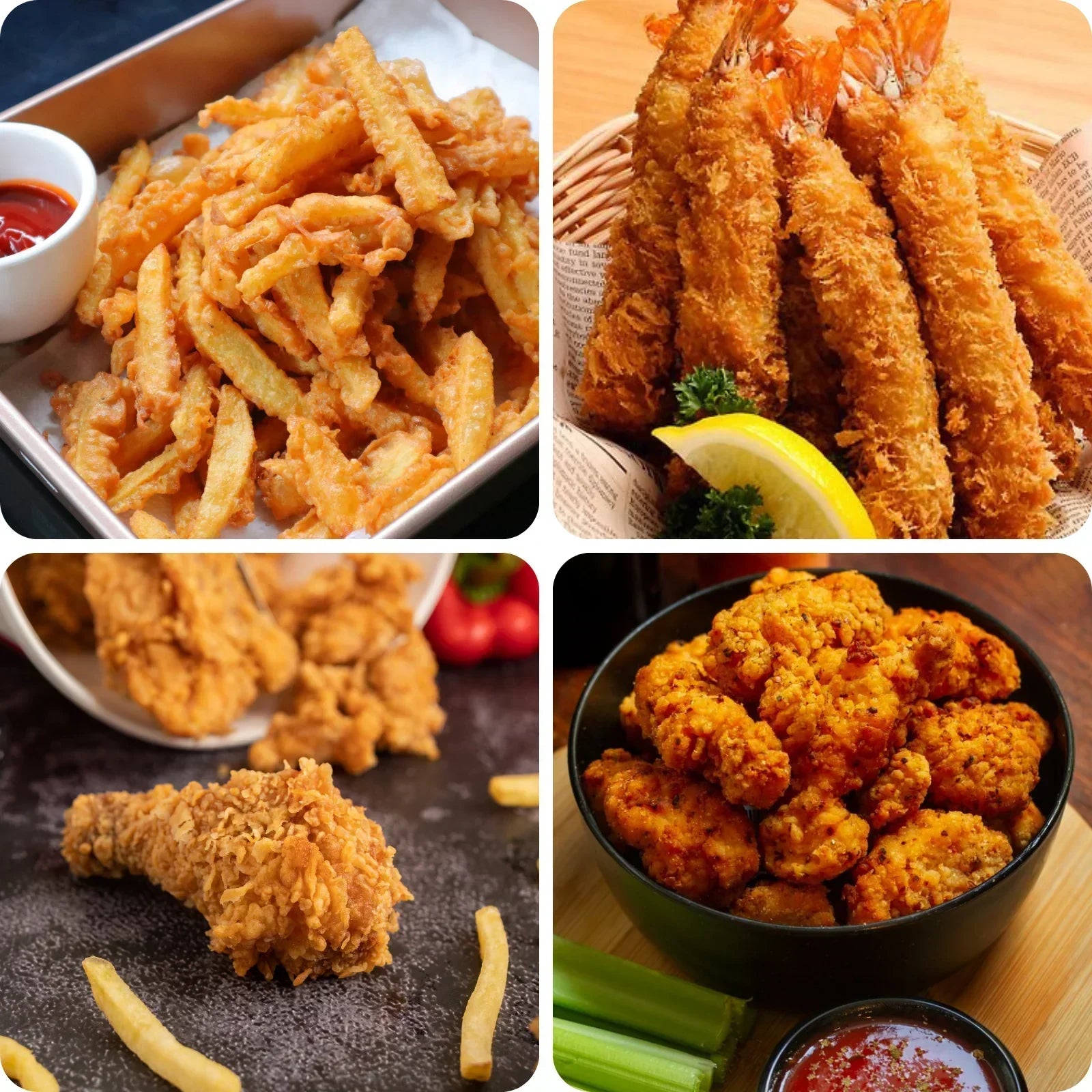 Collage de divers aliments frits, présentation attrayante