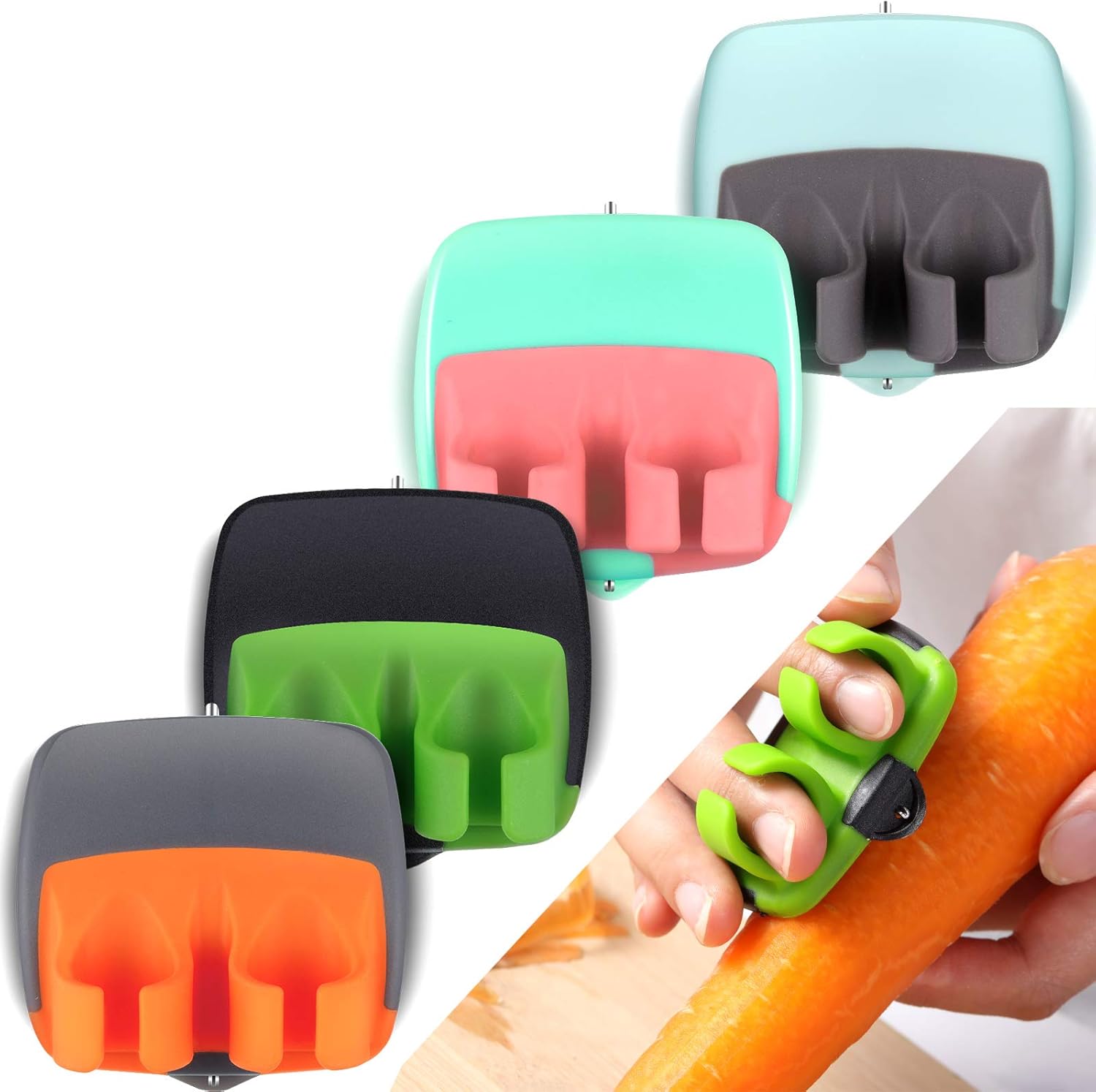 Quatre éplucheurs à doigts de différentes couleurs alignés