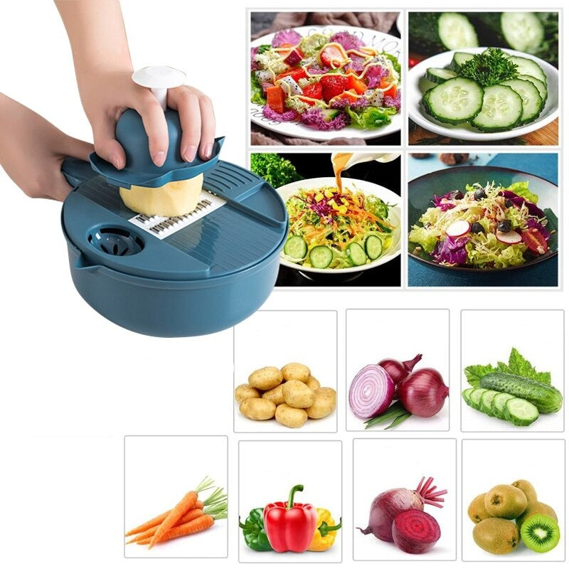 Coupe-légumes multifonction bleu, vue frontale