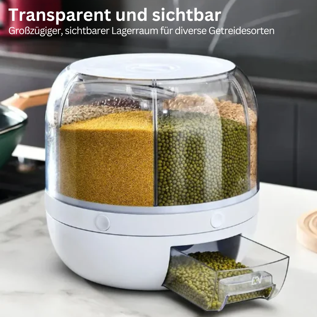 Distributeur transparent de face, rempli de céréales variées