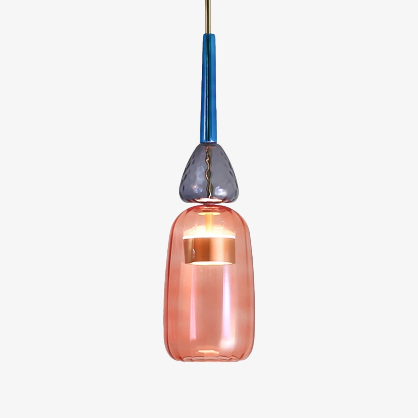Lampe suspendue en verre rose et bleu vue de face