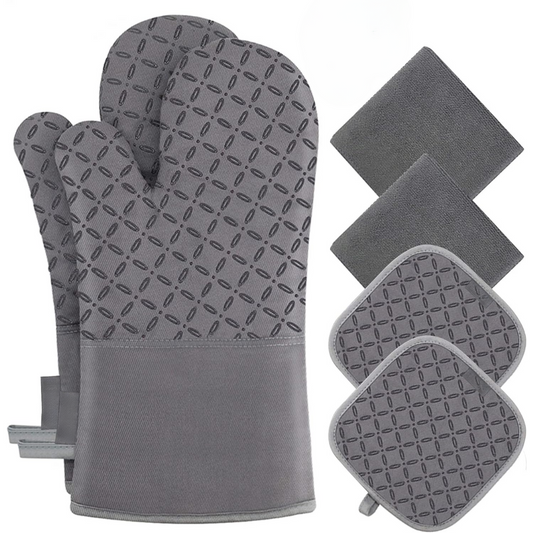 Gants de cuisine gris avec surface antidérapante en gros plan