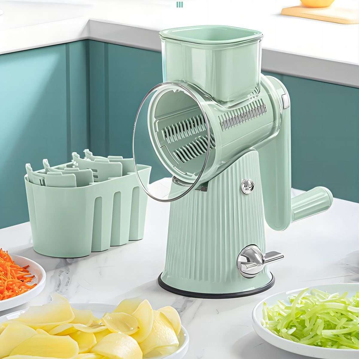 Râpe à légumes vert menthe vue latérale