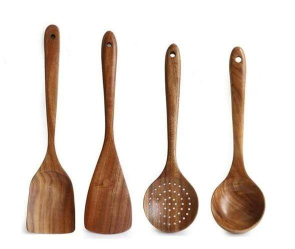 Ustensiles de Cuisine en Bois Naturel holz kuechenutensilien set vorne vue d'ensemble