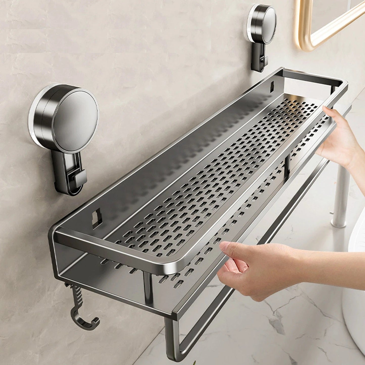 Étagère de salle de bain avec ventouses sur carrelage blanc