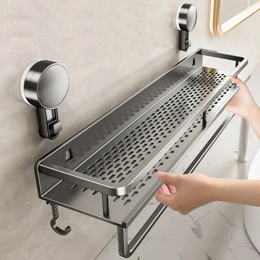 Étagère de salle de bain avec ventouses sur carrelage blanc