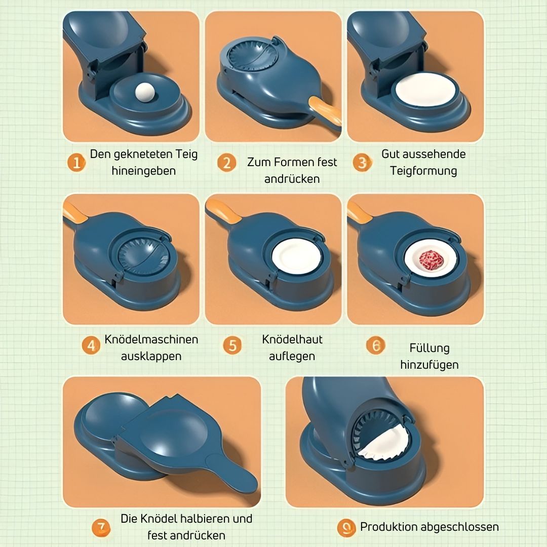 Vue frontale de la machine à raviolis bleue en action