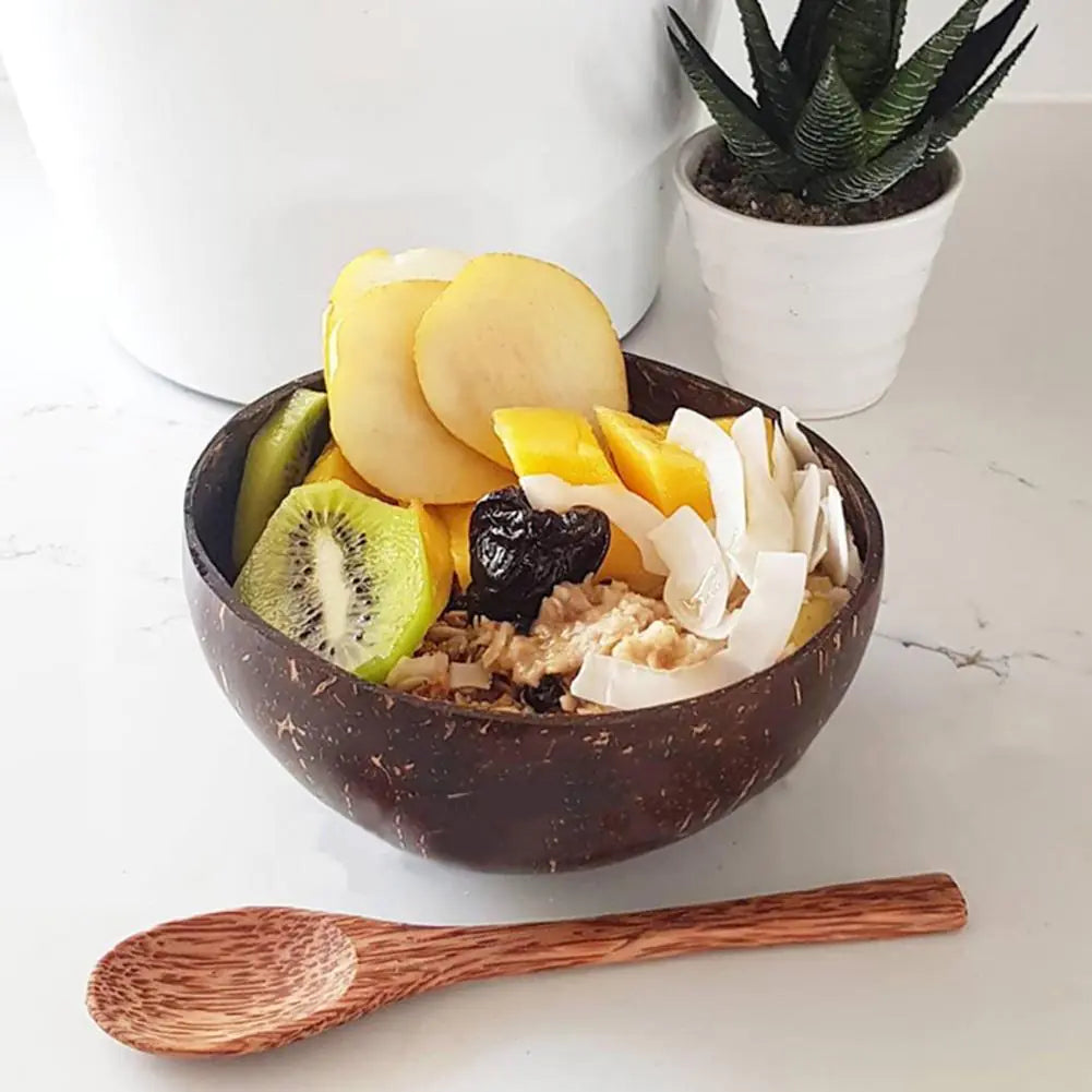 Bol en noix de coco avec fruits et flocons d'avoine, vue de face