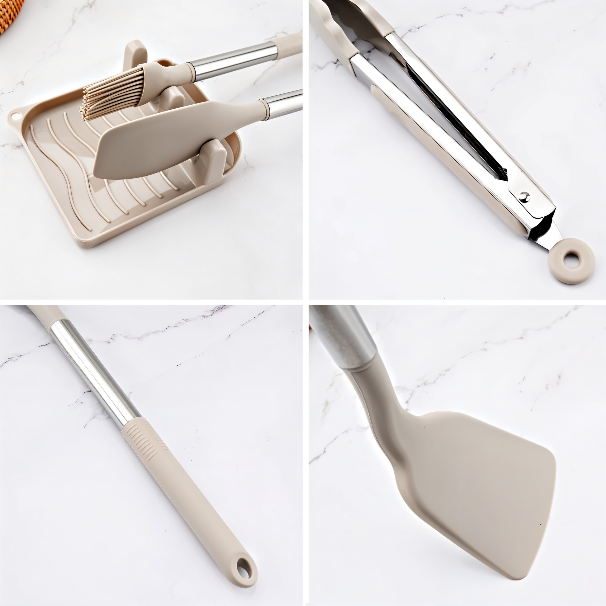 Ustensiles de cuisine en silicone vus de face sur un fond blanc