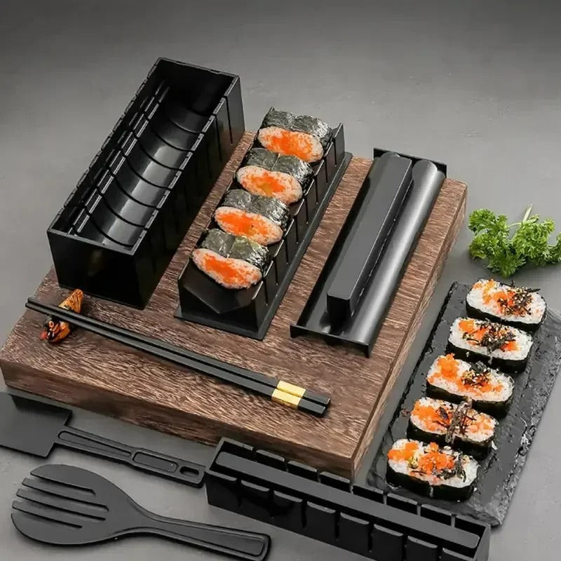 Vue d'ensemble du set à sushi avec accessoires variés