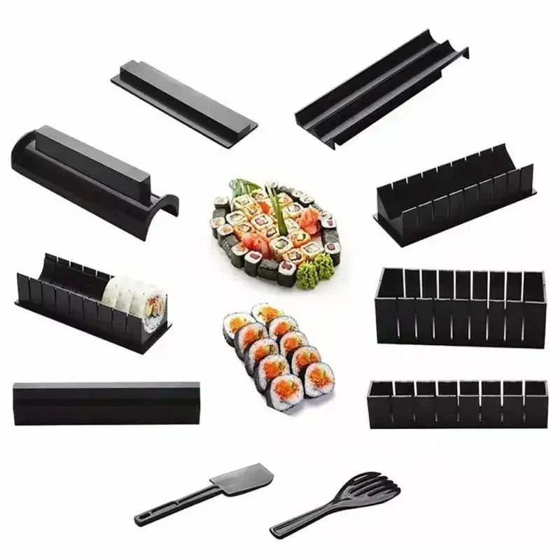 Set à sushi avec divers moules et outils sur une table